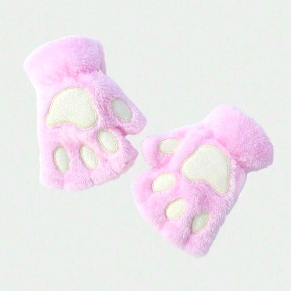 Kitty Cat Fingerless Fuzzy Cosplay Mittens Pink Kawaii